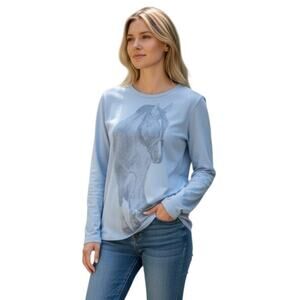 IRIDEON Women's Long-Sleeve Blue Cotton Horse Western Tee Shirt Size Large L Top